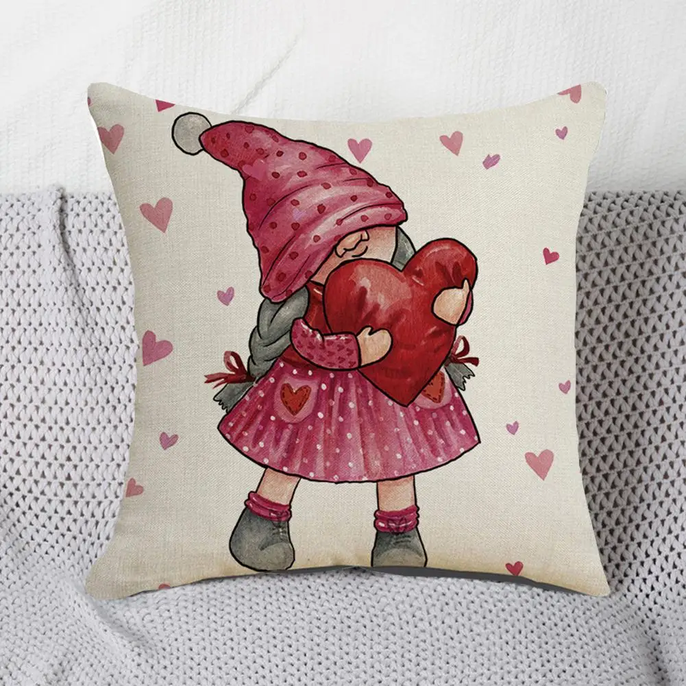 Cheerful Holiday Pillow Ornament Valentine's Day Gnome Doll Pillowcase Red White Heart Pattern Sofa Cushion Cover for Bedroom