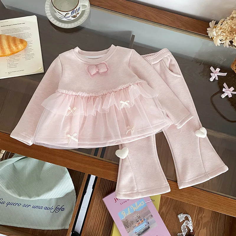 

2025 Baby Girls Autumn Winter Clothing Sets Cute Bow Mesh Tops Shirts Sweaters+Pants Fashion Kids Children Princess Clothes