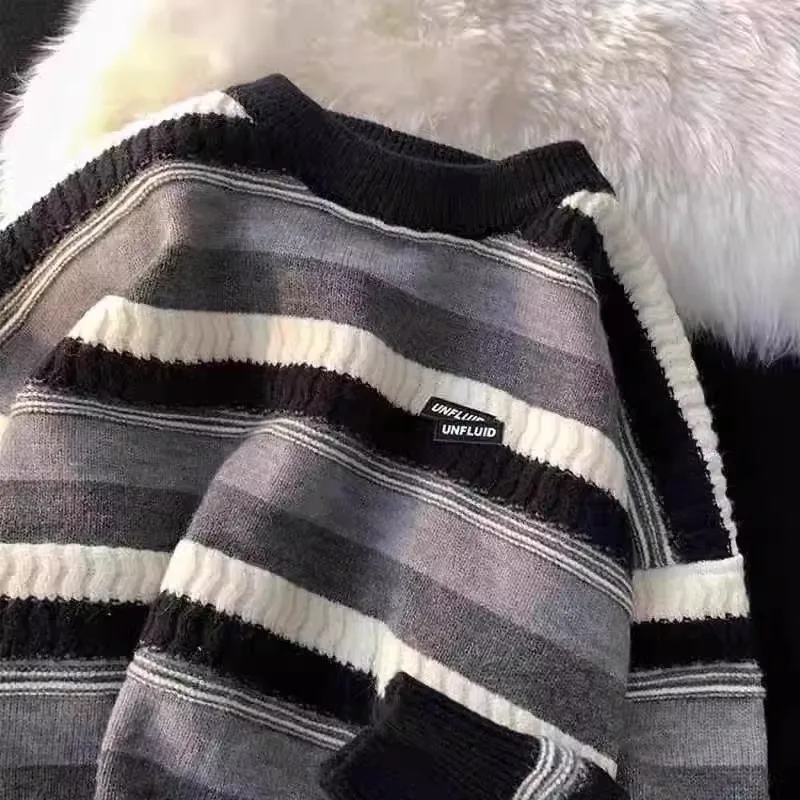 

Американский повседневный полосатый трикотаж, мужская осенне-зимняя рабочая одежда, длинный светящийся круглый свитер Ne, модный свободный крой, молодежный...