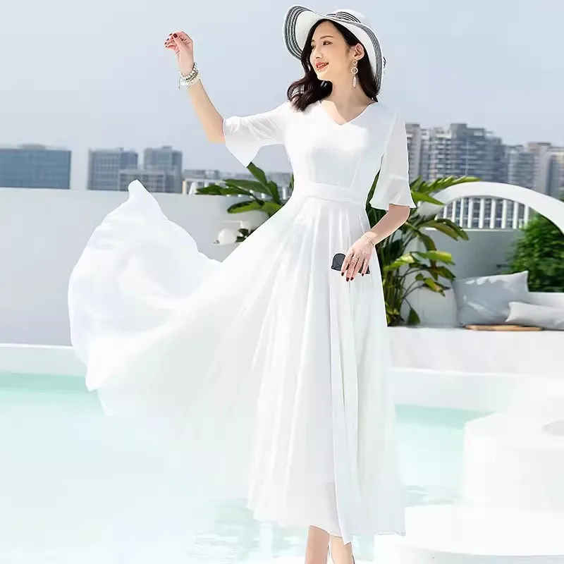 Summer Bohemian Long Dress Women Solid Color Short Sleeve V Neck 4XL Chiffon Dresses Maxi Evening Ladies Party Dress Vestidos