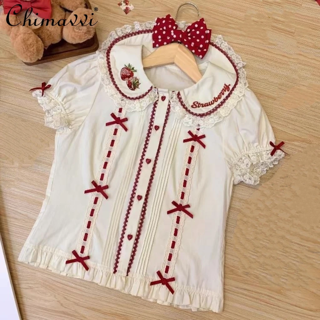 

Strawberry Embroidered Lolita Short-sleeved Shirt 2025 Summer Clothes New Sweet Girl Lace Doll Collar Shirt Cute Women Tops