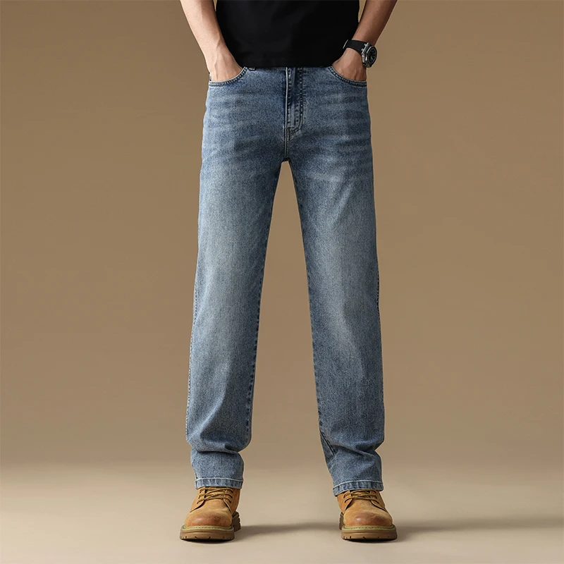 2026 New Spring Autumn Men Classic Jeans Business Fashion Straight Regular Blue Stretch Denim Trousers Men's Smart Jeans