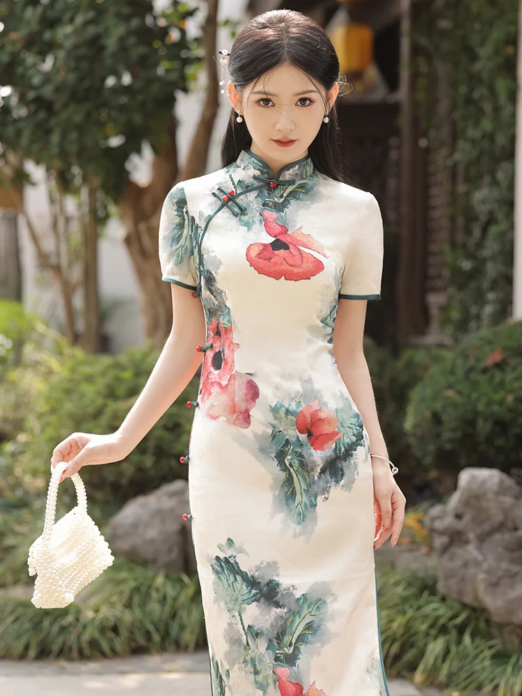 Vestido longo de cetim com colarinho mandarim vintage para mulheres, sexy cheongsam dividido, flor estampada, manga curta, vestido qipao, festa noturna