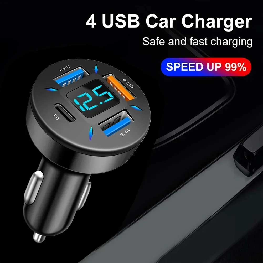 شاحن سيارة شحن سريع 4 USB QC3.0 PD USB شاحن السيجار أخف الرقمية LED الفولتميتر 12 فولت/24 فولت شاشة ديجيتال شحن سريع