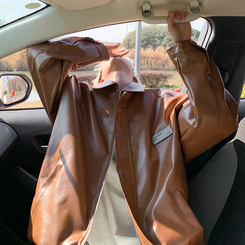 

Черная кожаная куртка, мужская модная повседневная коричневая мотоциклетная куртка, мужская уличная одежда в стиле хип-хоп, свободная куртка-бомбер, мужская верхняя одежда M-3XL