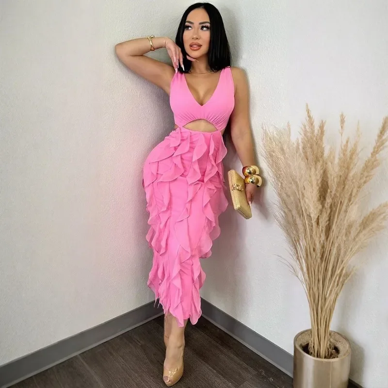 GUWU Letnia Damska Sukienka Midi z Dekoltem w Serek, Marszczeniami, Falbankami, Wycięciami, Obcisła, Bez Rękawów, na Urodziny, Wakacje, Seksowna Sukienka na Imprezę