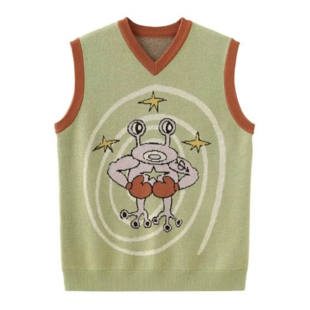 

Теплый толстый пуловер с круглым вырезом и милым рисунком лягушки, зимний уютный жилет чистого цвета