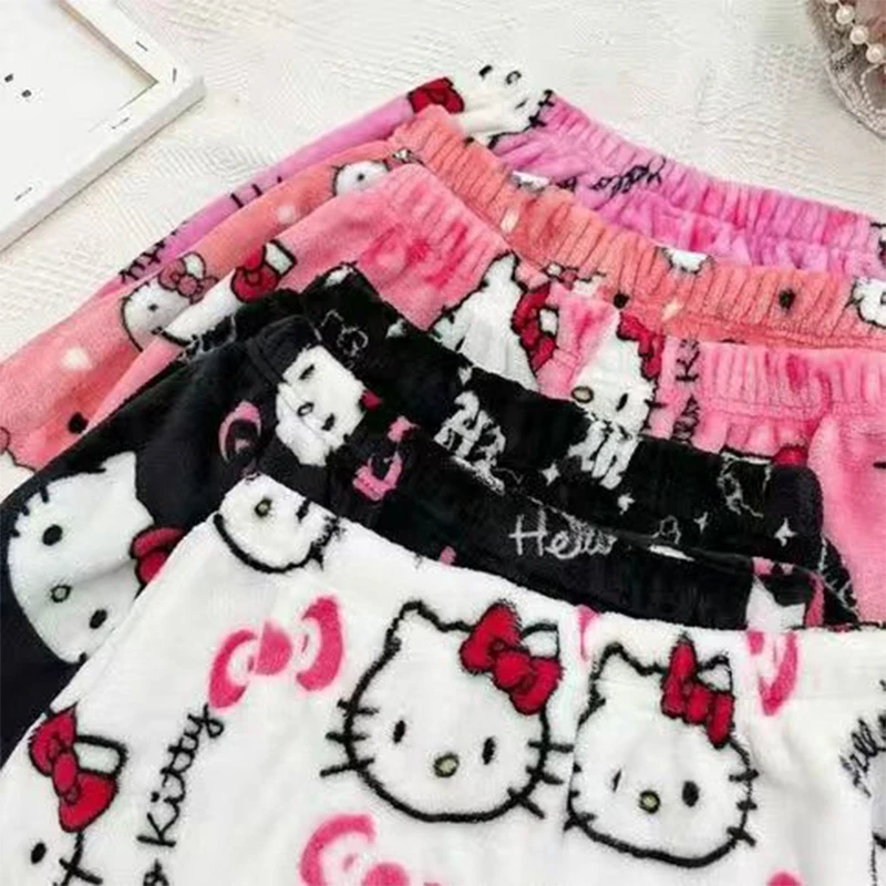 

Флисовые шорты Sanrio, Hello Kitty Y2K, милые осенне-зимние брюки с аниме, милая Пижама с сердечками для девочек, свободная одежда, подарок для детей