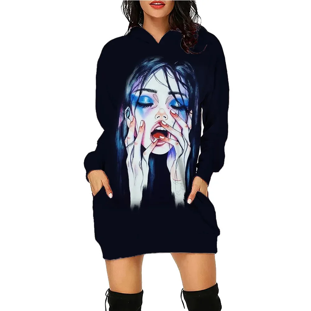 Women's Face Printed Hoodie Dress Daily Workout Hoodies Long Sleeve Pullover Autumn Winter Loose Tee Traf Vestido for Ladies