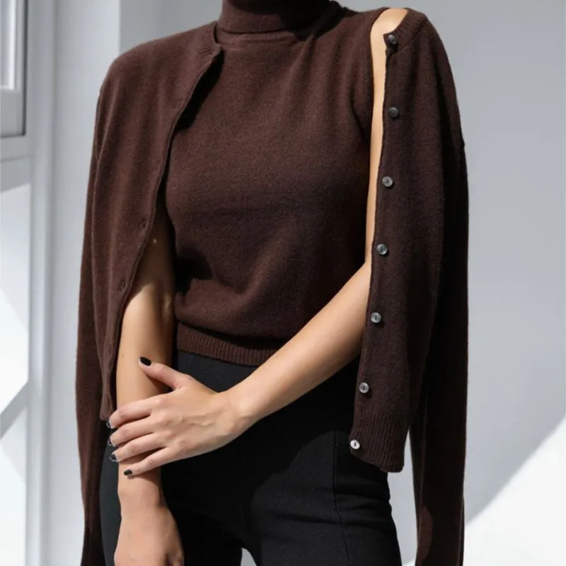 2025 primavera outono casual cor sólida feminino malha superior conjunto de duas peças gola alta sem mangas casaco inferior + moda cardigan topo