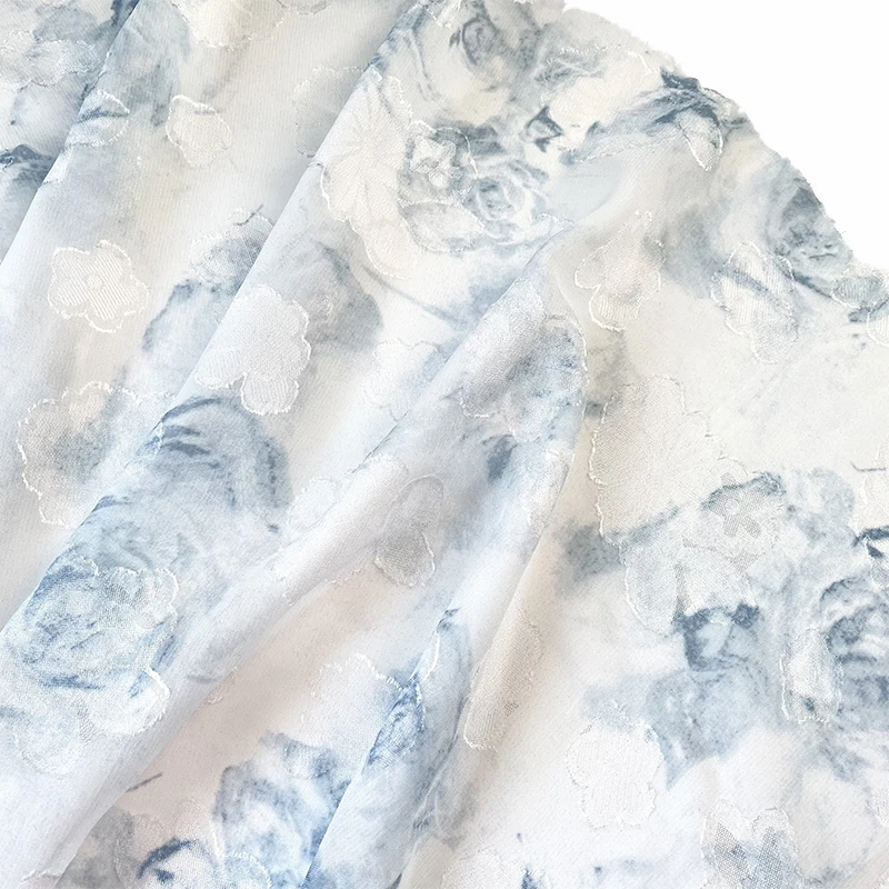 Jacquard Chiffon Fabric Semi Transparent Light Blue Halo Dyed Rose Hanfu Dress Shirt Diy Fashion for Sewing Cloth Skin Friendly