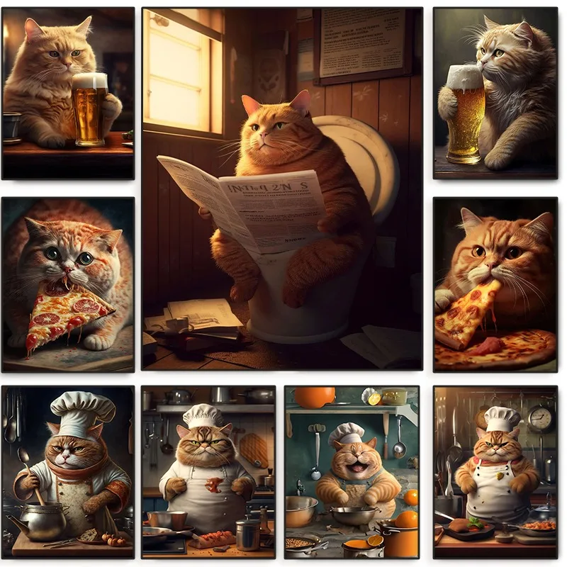 Funny Cat Sitting on The Toilet Poster Cute Animal Fat Cat Eating Pizza and Drinking Canvas Painting for Room Home Wall Decor