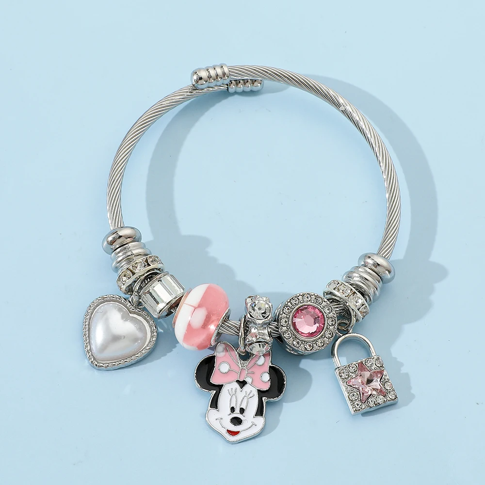 Anime Minnie Bracelet Ins Silver Plated with Imitation Pearls Heart Pendant Accessories