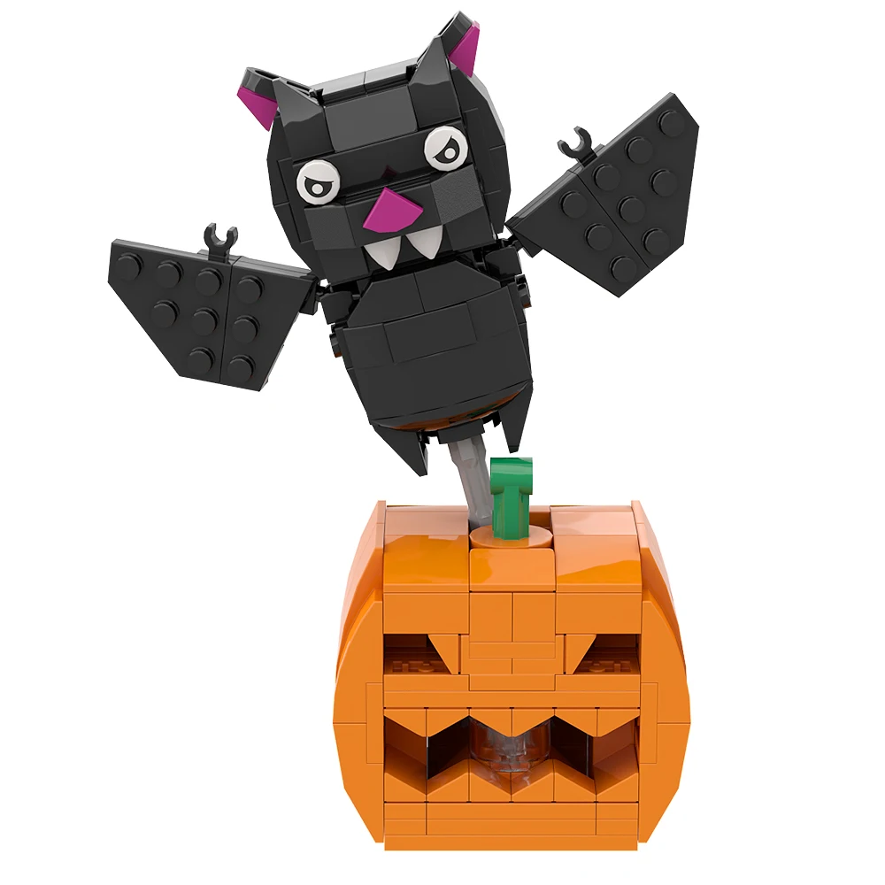 MOC-Juego de cuatro bloques de construcción con cabeza de ladrillo para Halloween, modelo de búho, bruja, Zombie, calabaza, linterna, murciélago, serie de terror, juguete para regalo