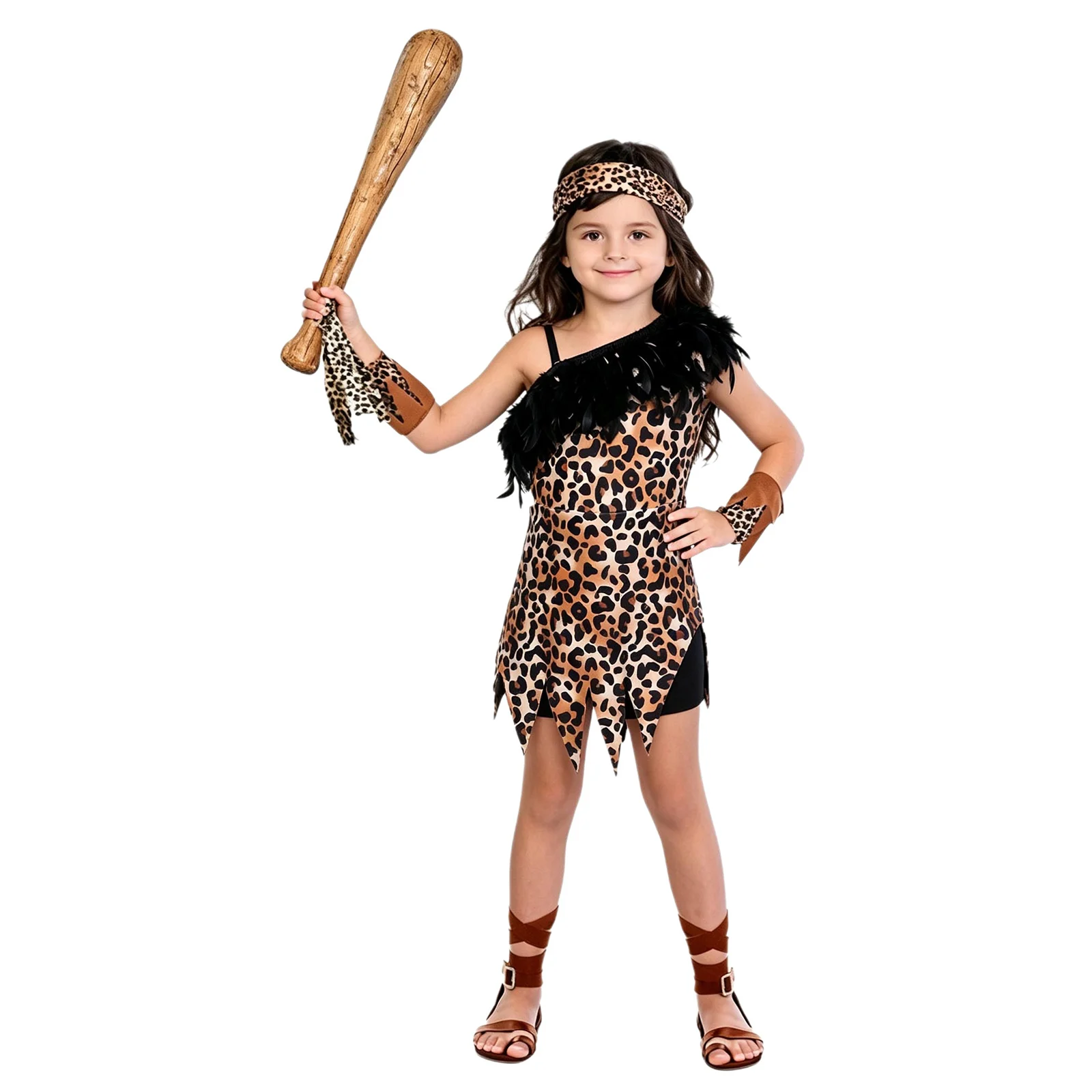 Kids Girls Caveman Primitive Tribal Indian Indigenous Princess Costume Faux Feather Leopard Printed Latin Jazz Dance Leotard