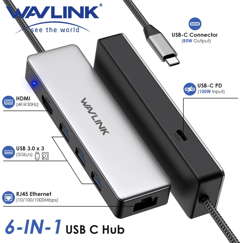 WAVLINK USB C Hub 6-in-1 USB C Adapter With 4K@30Hz HDMI 100W Power Delivery For MacBook Pro/Air/Thunderbolt 3/Type C Devices