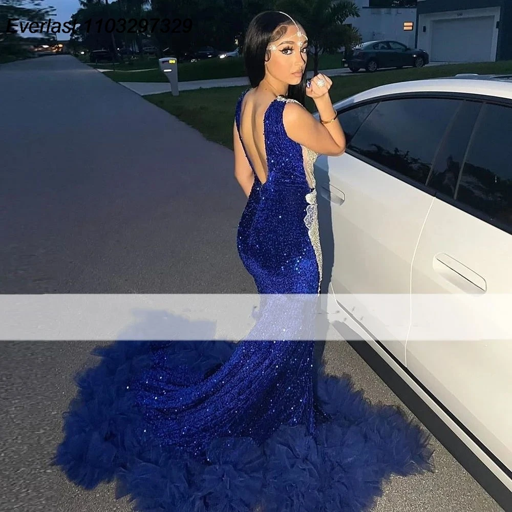 EVLAST Customized Royal Blue Prom Dress Long Celebrity Shiny Crystal For Black Ruffles Mermaid Party Wear Robe De Soiree TPD09