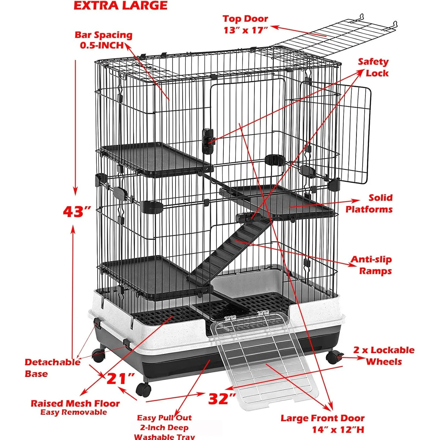 X-Large 4 Level in/Outdoor Rabbit Hutch قفص منصة صلبة منحدر شبكة أرضية سهلة التنظيف 2 بوصة صينية عميقة مانعة للتسرب عجلات قابلة للقفل