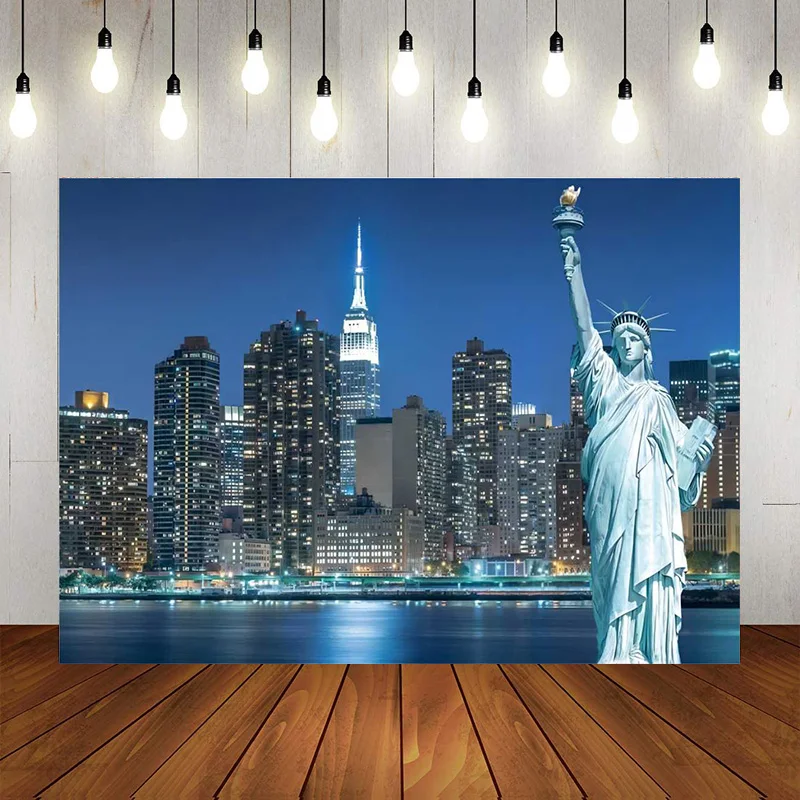 City Landscape Backdrop New York Statue Skyline Night Photography Background Travel Landmark Decor Photo Banner Props