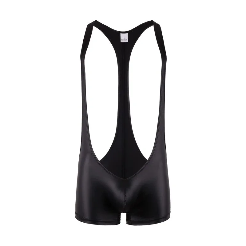 Mens Sexy Black Wet Look PU Leather Bodysuit One-Piece Wrestling Singlet Jumpsuit Sexy Gay Jockstrap Leotard Underwear Hombre