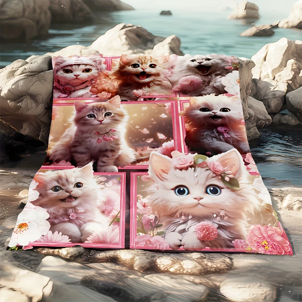 1pc Cozy Cute Cat Pink Flower Splicing Blanket Lightweight Flannel Digital Printing Fleece Blanket For Sofa Office Couch Bed Tra
