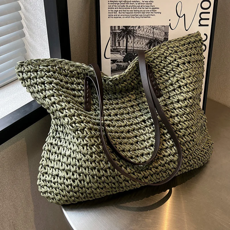 Large Capacity Woven Beach Bag, New 2026 Spring Summer Versatile Commuter Straw Tote Shoulder Bag for Women