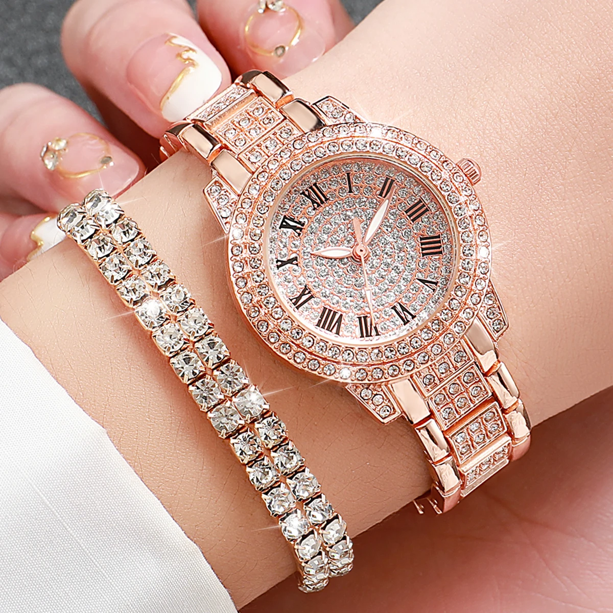 4PCS/Set Women\'s Steel Band Watches Fashion Full Diamond Roma Dial Quartz Watch Bracelets Set（Without Box）