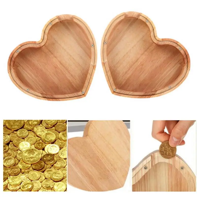 Money Banks For Kids Wooden Love Heart Shape Coin Banks Transparent Desktop Craft Ornaments Storage Box For Coin Study Room