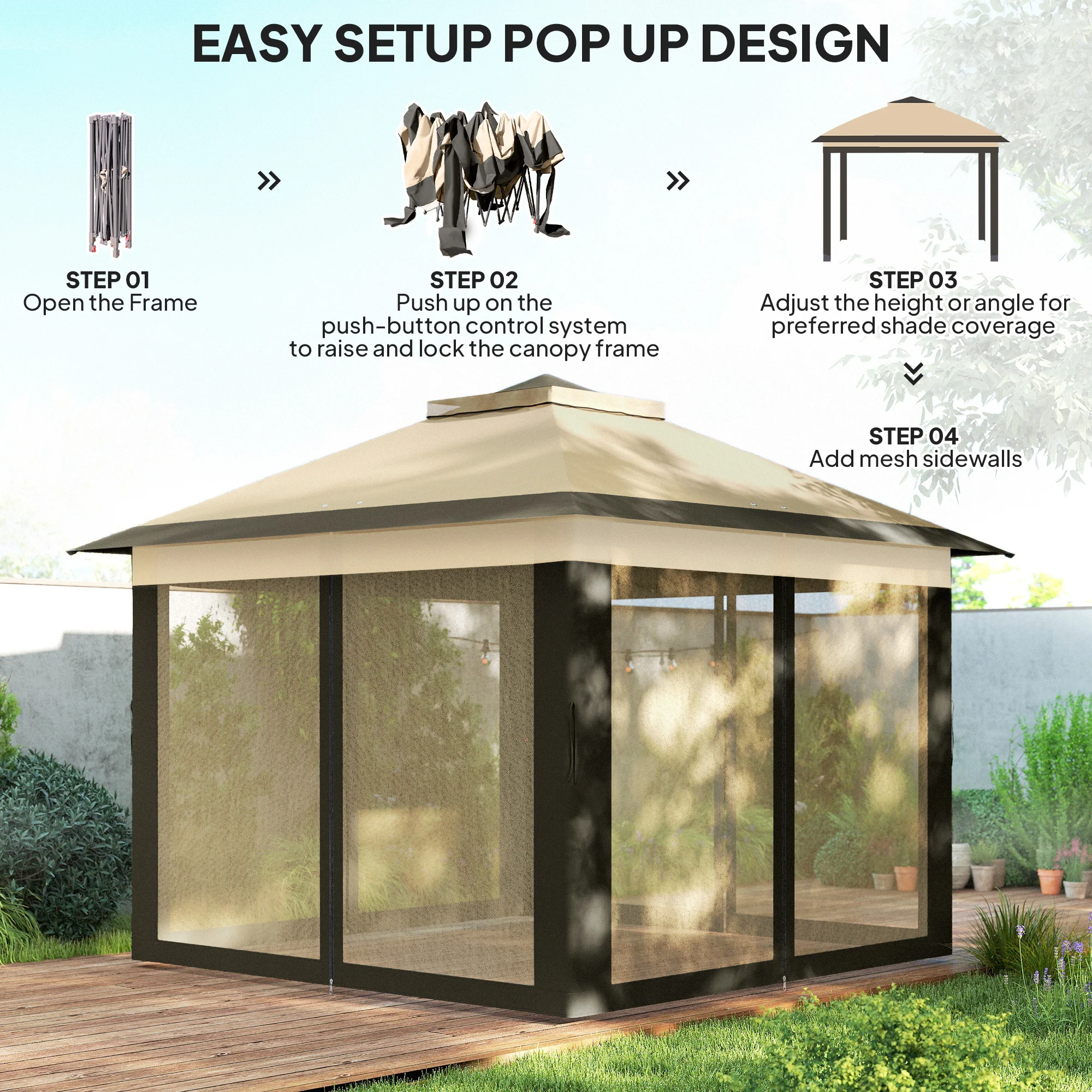Outsunny 3.3 x 3.3m Pop Up Gazebo, Double Roof Foldable Canopy Tent with Zipped Mesh Sidewalls, Height and Carrying Bag, Beige