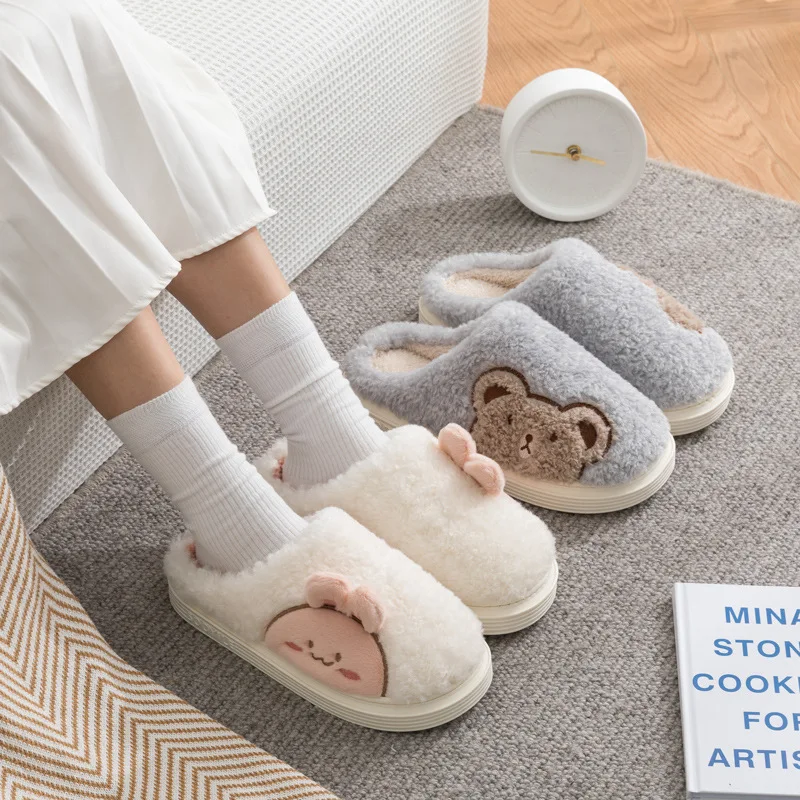New cotton slippers women autumn and winter couples home indoor non-slip cute cartoon plus velvet warm plush slippers men