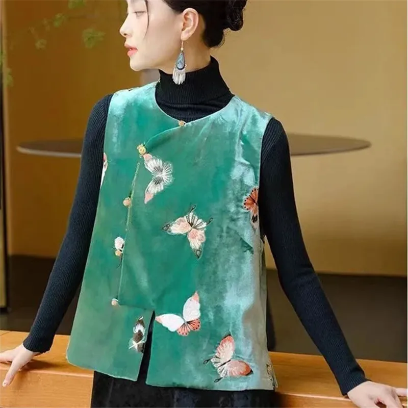 2025 Spring New Canary Velvet Vest Women Clothes Bow Embroidery Chinese Style Retro Waistcoat Female Fashion Sleeveless Outwear