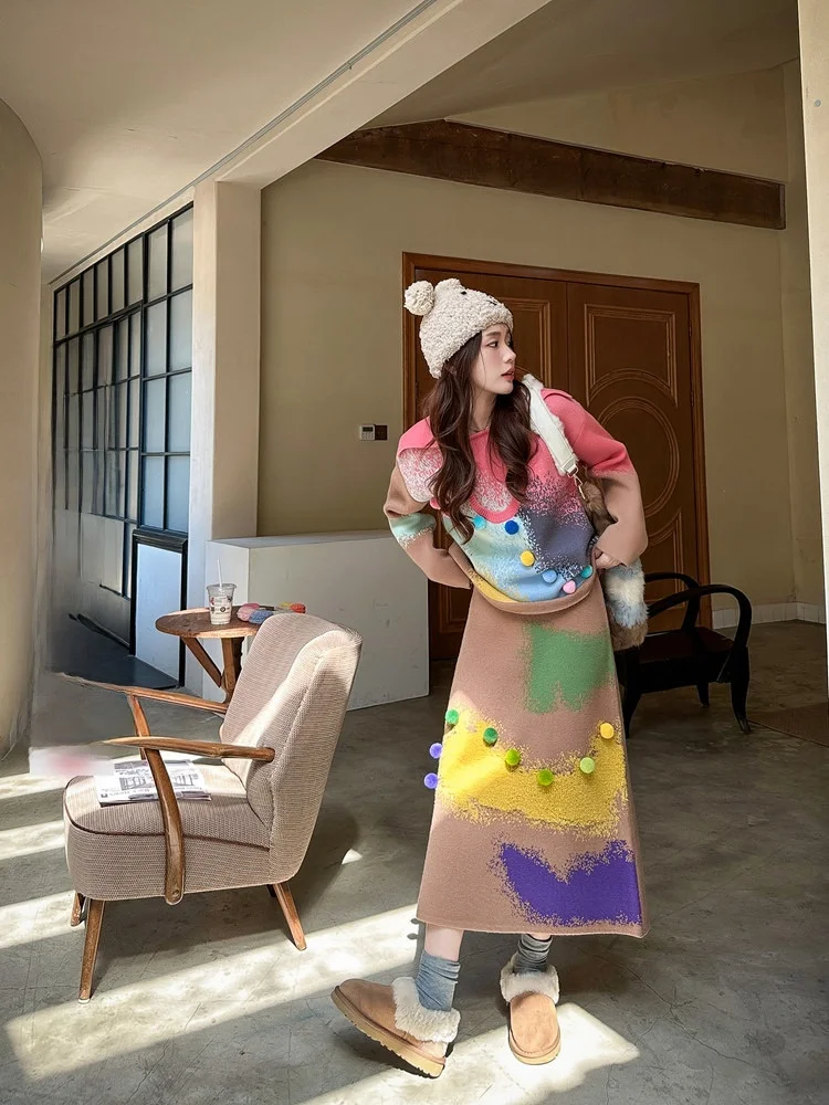 

Kula Liangpin Original Design adient Knitted Sweater Set Women's Sweet Dyeing Loose Fit Long Sve Crew Ne Two-Piece Suit