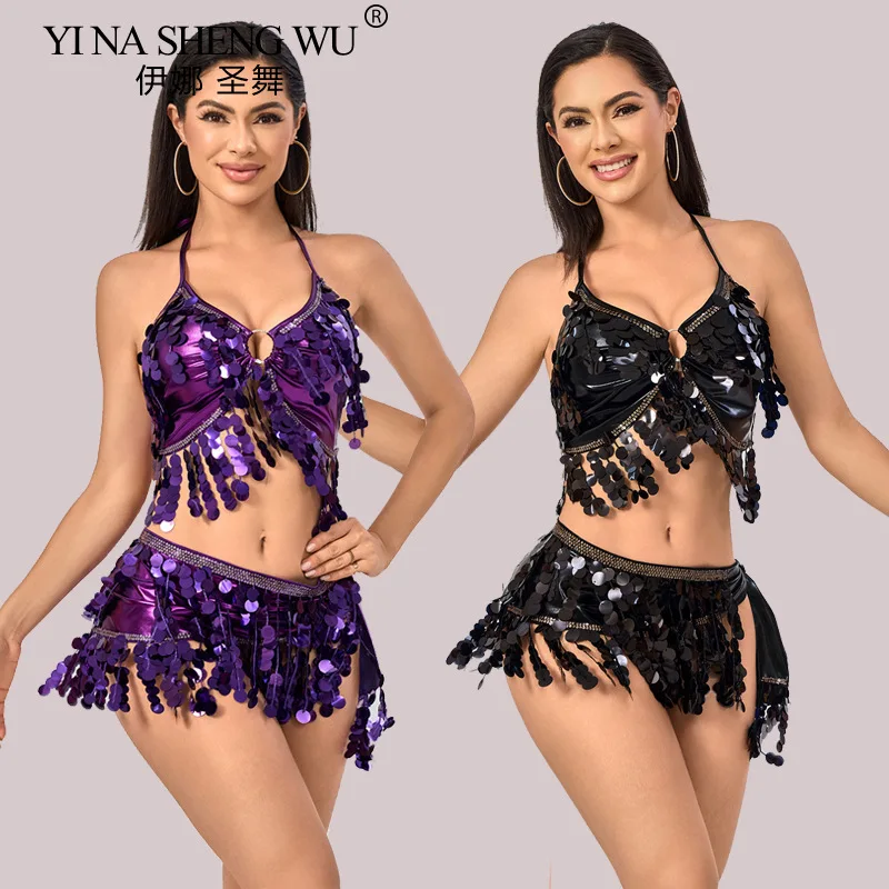 

Топ для танца живота, бюстгальтер с поясом, комплект с латинскими блестками и бахромой, юбка на бедрах, сексуальный костюм для вечеринки, 2-слойный сценический костюм с кисточками