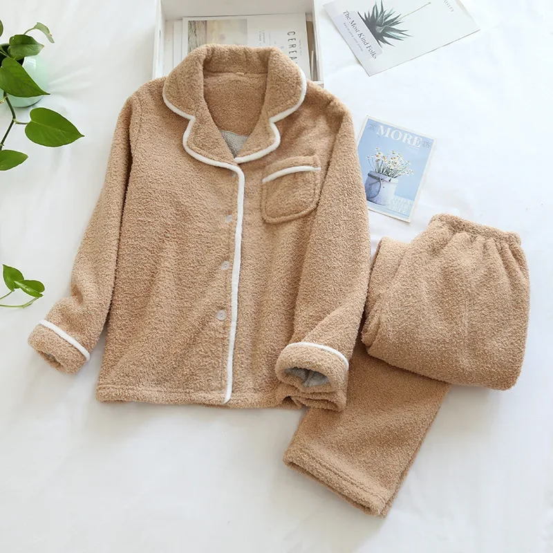 Japanese style autumn and winter new ladies plus size sheep wool warm pajamas suit Shu Mianmao simple home service pijamas women