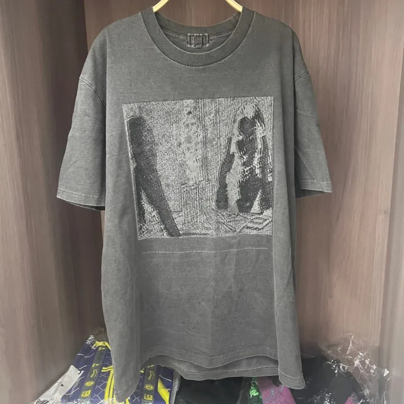 Retro Washed Wax Black Gray CAVEMPT Tshirt Men Women Round Neck Short Sleeve Abstract Pixel Print CE Tops Casual Street Cleanfit