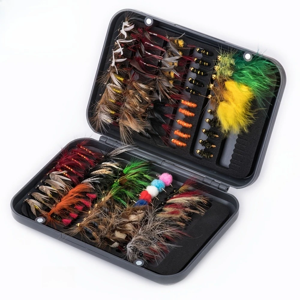 

Набор мушек для нахлыстовой рыбалки Goture - Набор приманок для нахлыстовой рыбалки с коробкой для хранения, для ловли баса, форели, лосося, качественные рыболовные снасти, 76 шт., 100 шт.