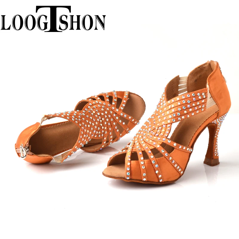 Loogtshon Pearl Rhinestone Professional Latin Dance ส้น 9 ซม.สีชมพูสีดํา Lady Dance รองเท้านุ่ม Samba Rumba Cha Cha รองเท้า