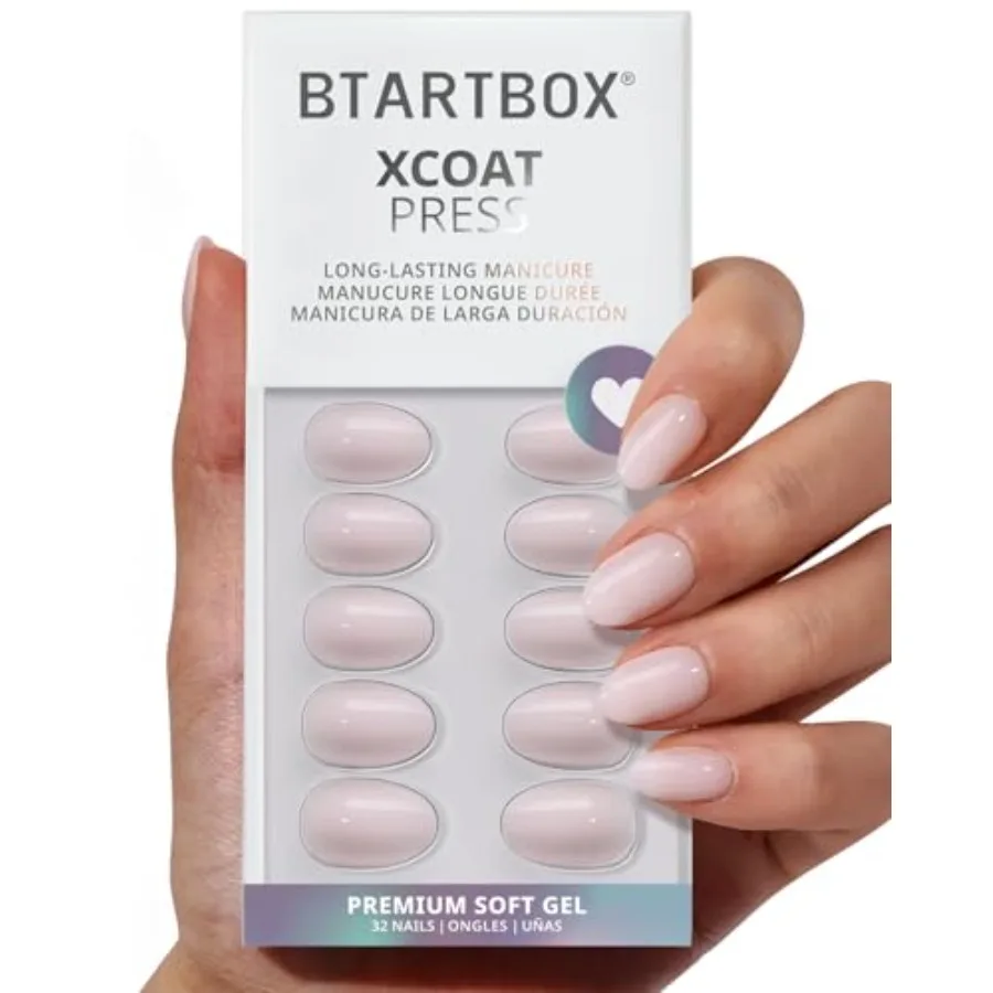 

Press On Nails Almond - Power Calm, Lamp-Curable 4-Week Wear Nude Pink Extra Short Press On Nails with Glue and Adhesive Tabs,