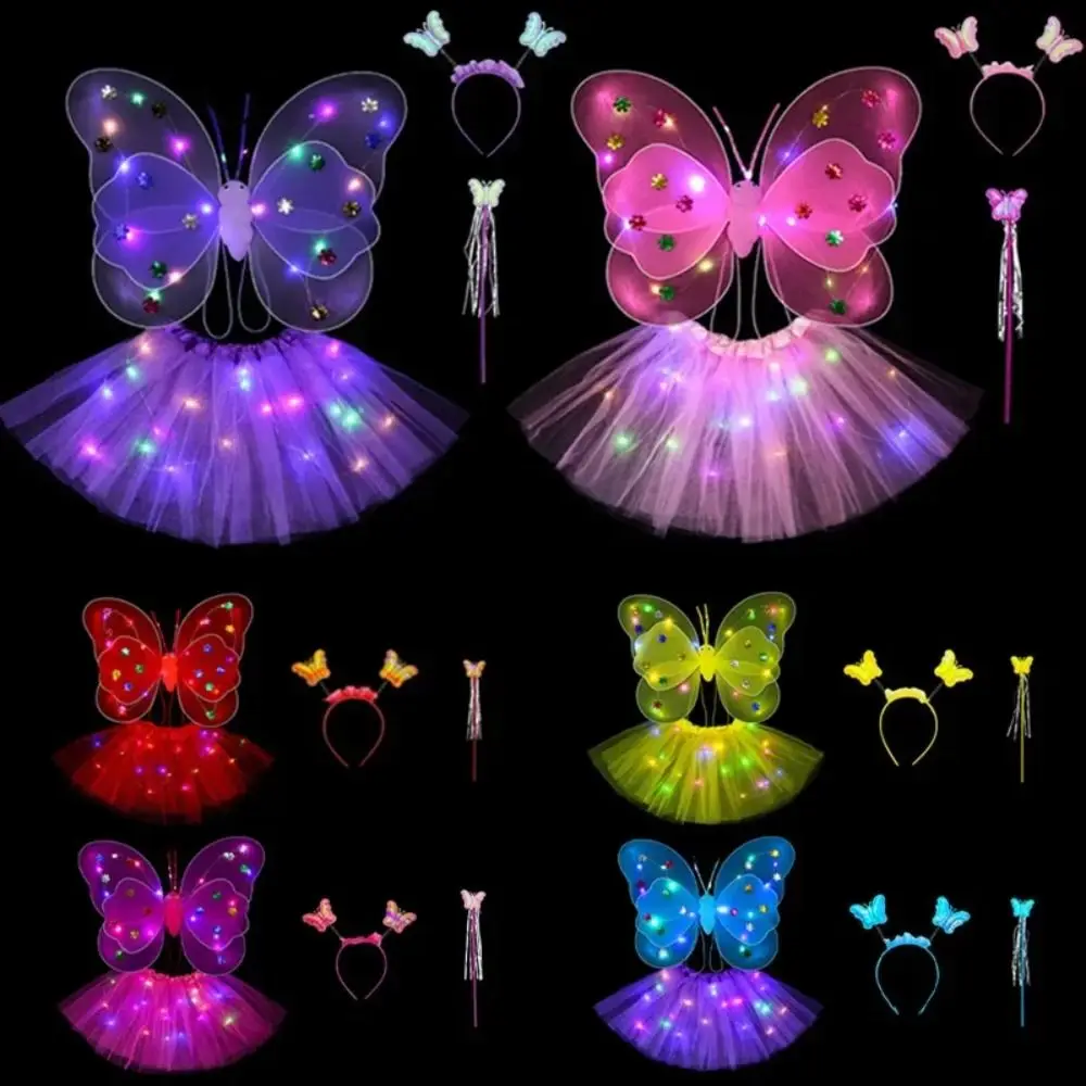 4pcs/set Double Shouder Strap Luminous Wing Skirt Set LED Carnival Butterfly Skirt Set 20 Lights for Children Under 1.6m Tall