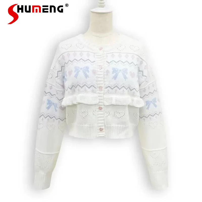 

Новый осенний модный женский вязаный кардиган с бантом и вырезами, короткий однобортный свитер в японском стиле Лолита Y2K, 2 цвета в наличии