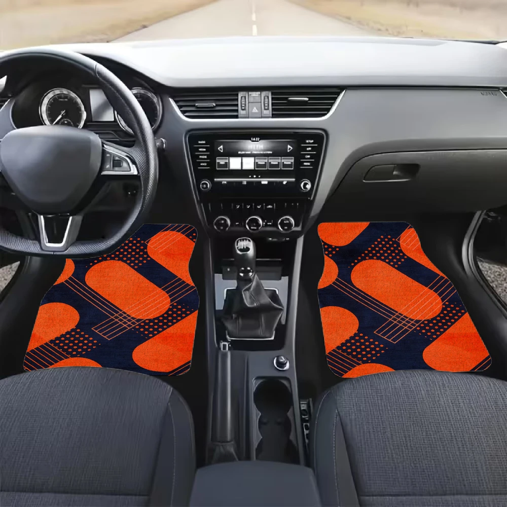 Geometric Orange Pattern Car Floor Mats. Crystal Velvet Material 4pcs Car Floor Mats, Including 1 Trunk Mat, Travel Additions, L