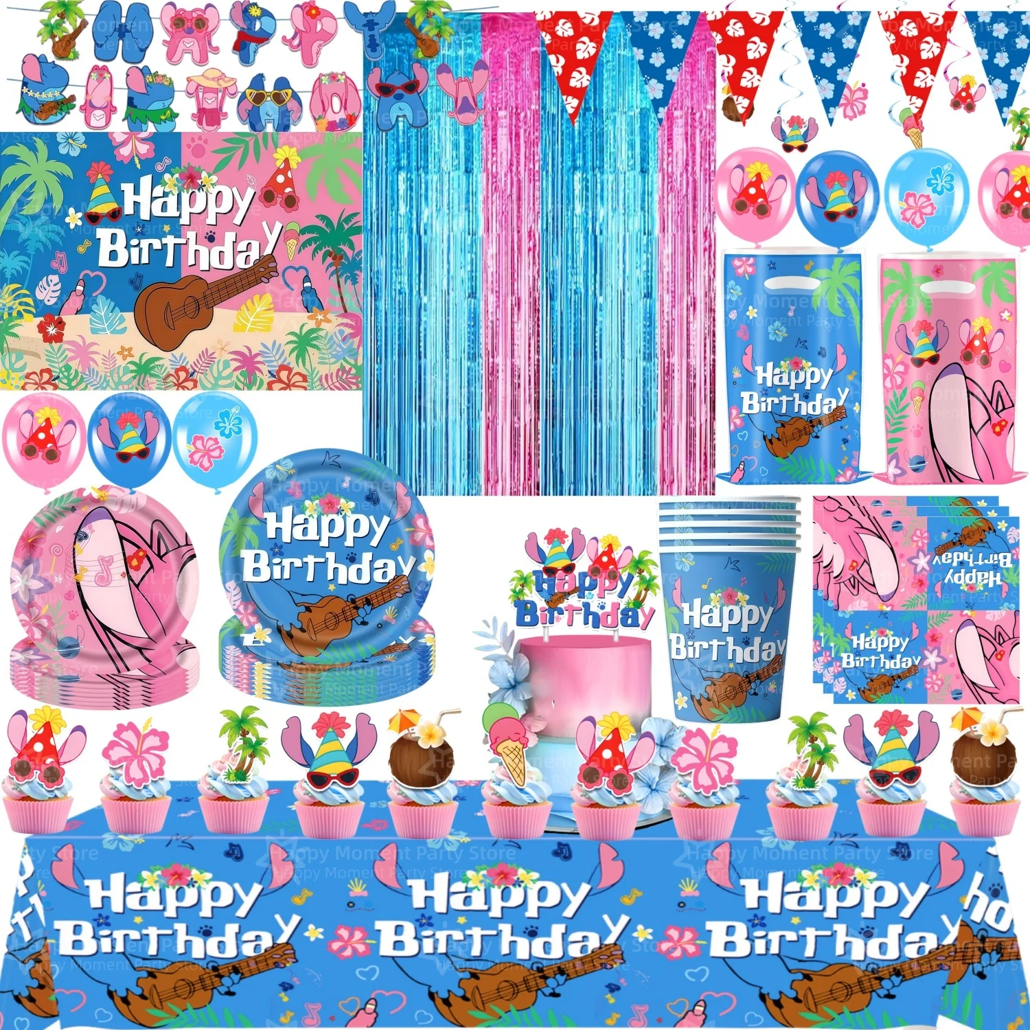 Articles de fête Stitch Angel : vaisselle, nappe, assiettes, gobelets, sacs, serviettes, sacs cadeaux, pour fête d'anniversaire, baby shower, et cadeaux pour enfants.