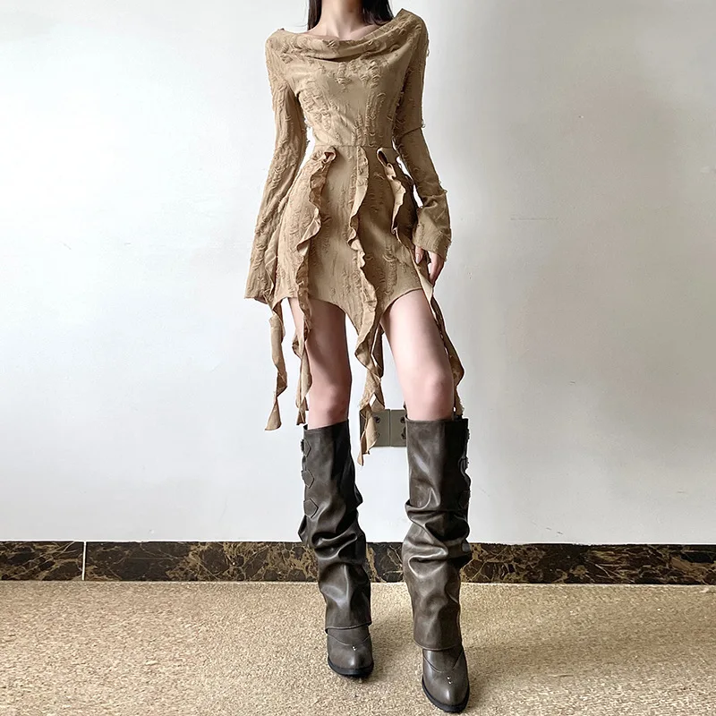 

One-shoulder Long-sleeved Dress with Frilly Hem and Irregular Pattern - Simple Solid Waist-length Skirt maxi dresses for women