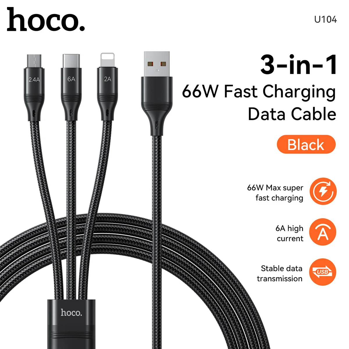 

HOCO U104 3-In-1 6A Fast Charging Data Cable iP/Micro/Type-C USB C 66W for Mobile Smart Phone Quick Chargers Braided Wire Line