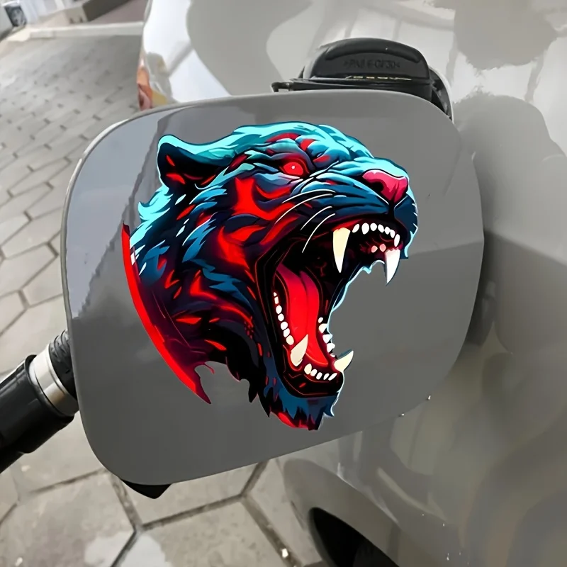 1PC Fierce Panther 비닐 데칼 - 자동차 오토바이용 생생한 빨간색-파란색 스티커, 내구성이 뛰어나고 눈길을 끄는 야생 동물/에지 스타일용