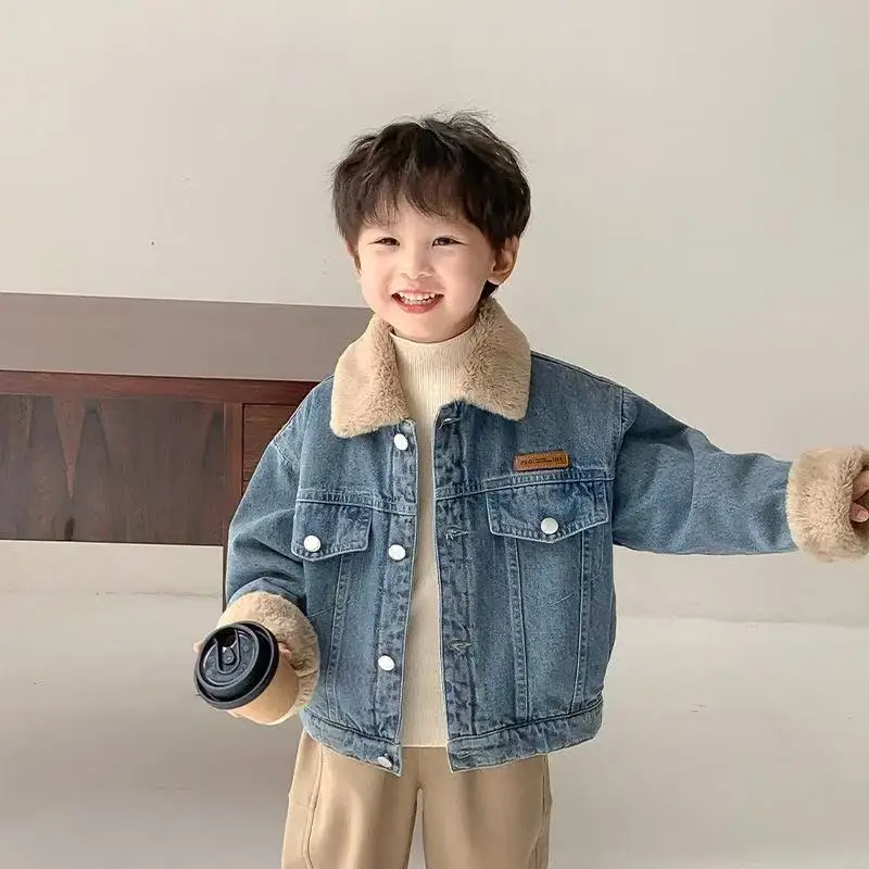 

Baby Boys Denim Jacket Autumn/Winter Children's Thick Velvet Warm Coat Collar Jacket Male Baby Thickened Child 90-150CM