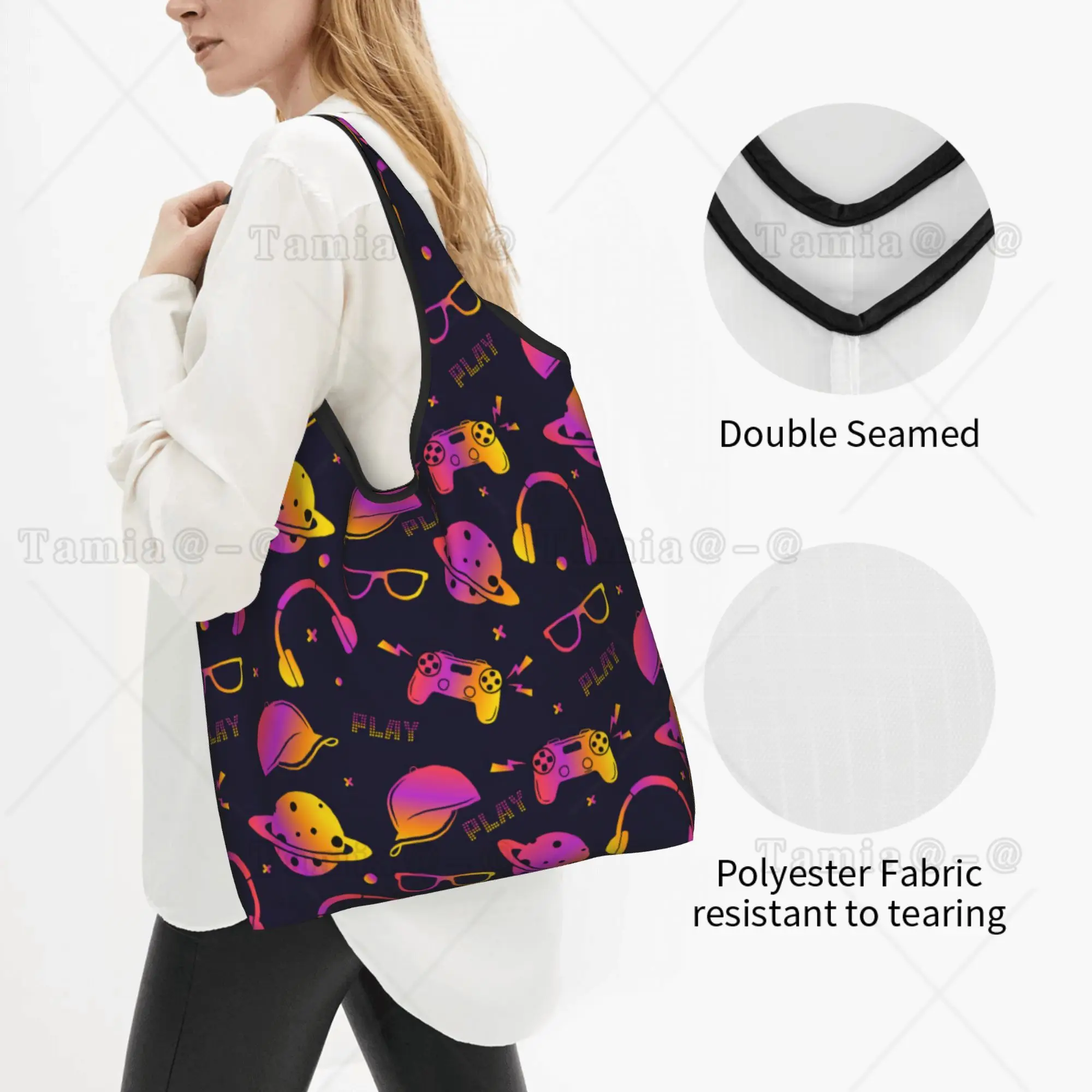 Custom Neon Game Controllers Game Joystick Shopping Bag Women Portable Big Capacity Grocery  Shopper Tote Bags