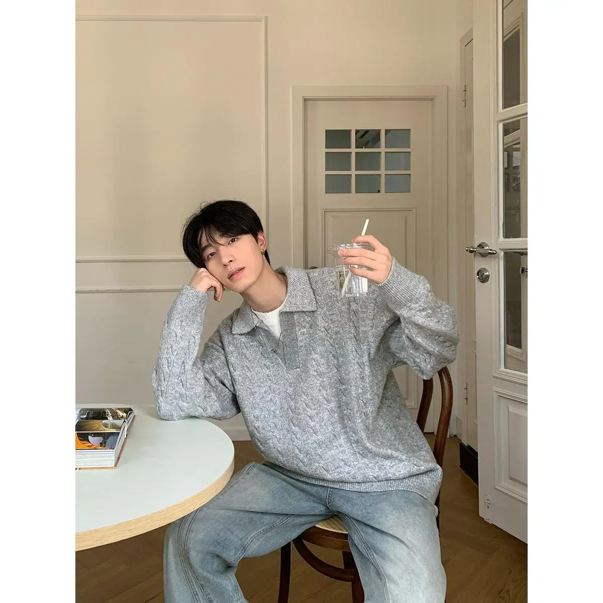 

Loose Fit Ne ort Sve T-irt Men's Summer Knitted Stripe Pure Color Casual Faion Polyester Fiber round Ne T-S...