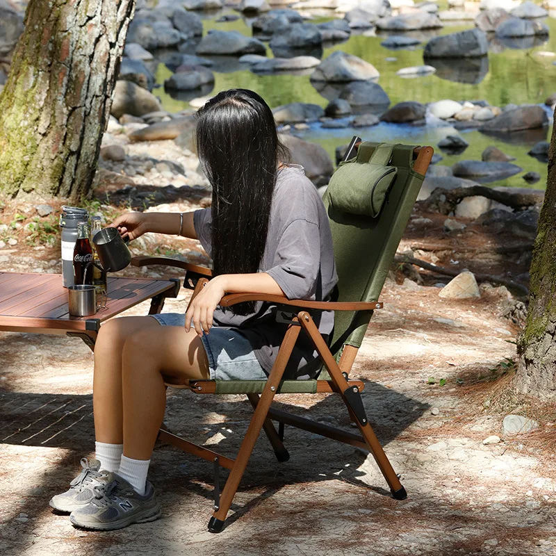 Outdoor folding chair, portable pillow, adjustable solid wood recliner