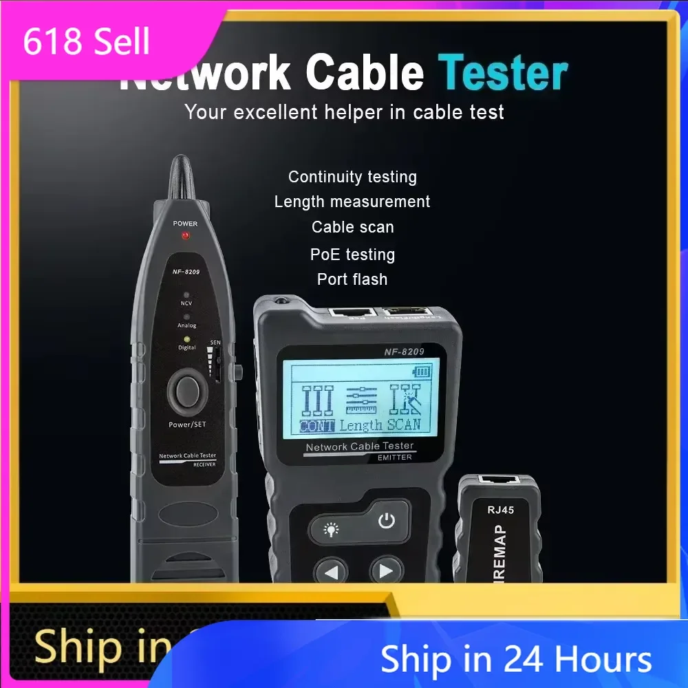-NF-8209 Network Cable Tester, LCD Display, Measure Length, RJ45 Cable Tracker UTP, Multifunctional Tester, Network Tool
